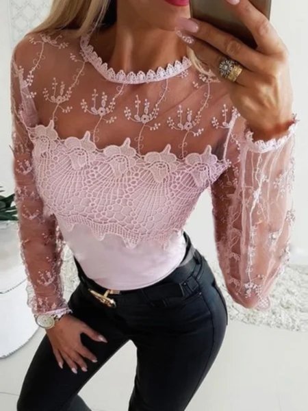 

Casual Long Sleeve Round Neck Plus Size Tops T-shirts, Pink, T-Shirts