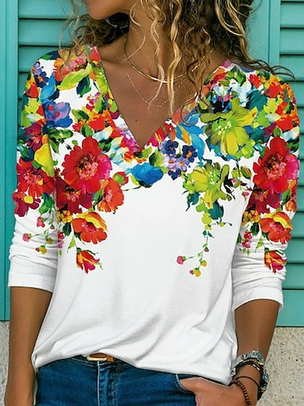 

JFN V Neck Floral Vacation T-Shirt/Tee, White, Long sleeve tops