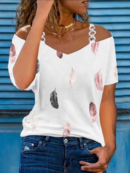 

Casual Feather Printed Off The Shoulder Metal Shirts & Tops, White, T-Shirts