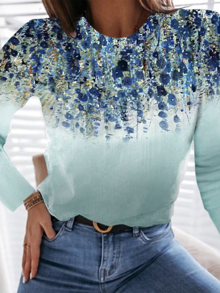 

JFN Crew Neck Floral Vacation Top, Blue, T-Shirts