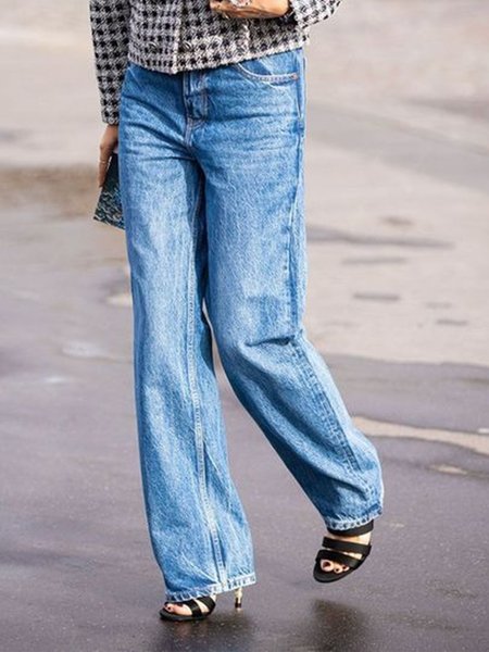 

Plus Size Casual Solid Pocket Loosen Denim Jeans, Blue, Jeans