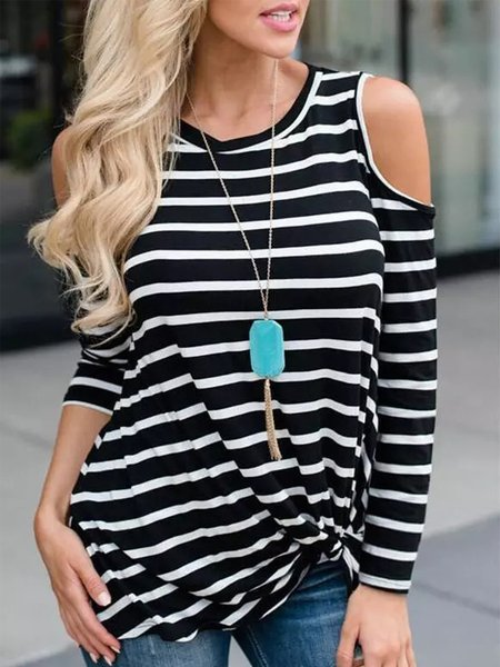 

Casual Knot Front Crew Neck Striped Shirts & Tops, Black, Tunics