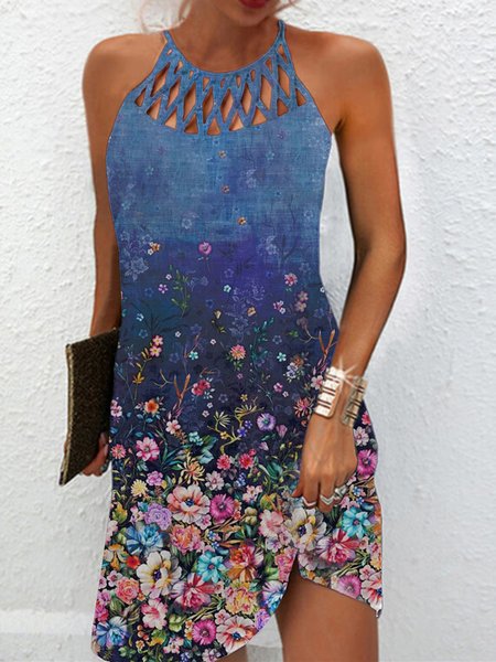 

Crew Neck Floral Vacation Dresses Ombre Floral Eyelet Atraight, Blue, Floral Dresses