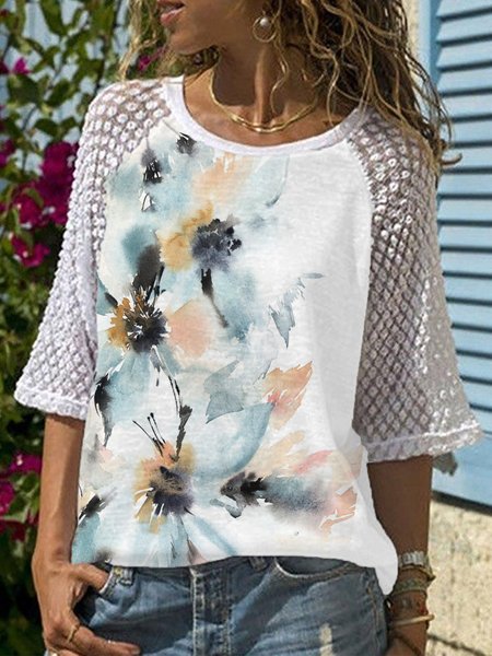 

3/4 Sleeves Floral Crew Neck Plus Size Casual Tops, White, T-Shirts