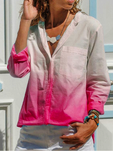 

Loosen Shirt Collar Pockets Cotton Ombre Casual Shirts & Tops, As picture, Blouses & Shirts