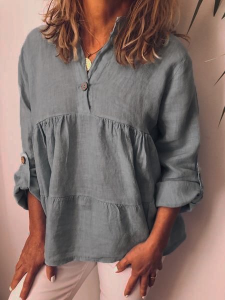 

Plain Cotton Blends Basics Shirts & Tops, Gray, Long sleeve tops