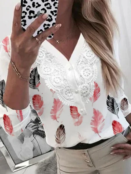 

Feather Lace V Neck Long Sleeves Plus Size Casual Tops, White, Tops
