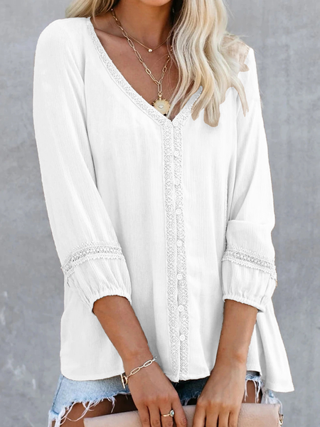 

solid V neck lace decor buttons shirt, White, Blouses & Shirts