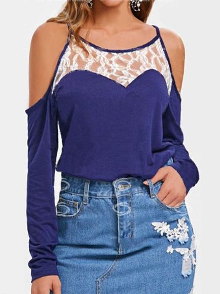 

Plain Crew Neck Loosen Shirts & Tops, Blue, Long sleeve tops