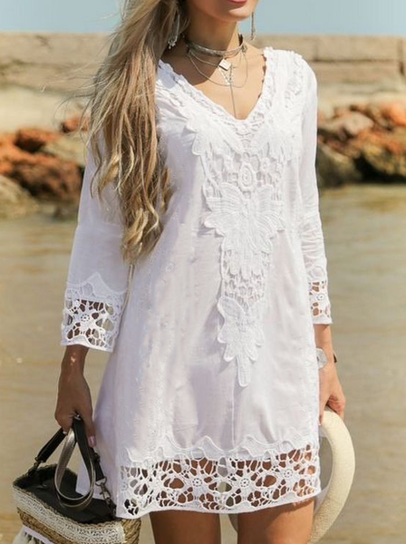 

Boho Loosen Short sleeve Woven Dress, White, Mini Dresses