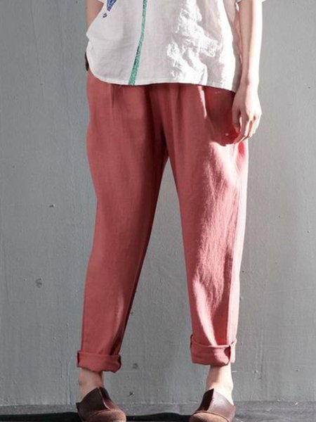 

Brick Red Linen Pants Loose Sprint Pants, Pink, Pants