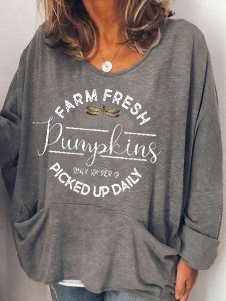 

Letter Animal Casual Loosen Round Neck Off Shoulder Pockets Shirts & Tops, Gray, T-Shirts