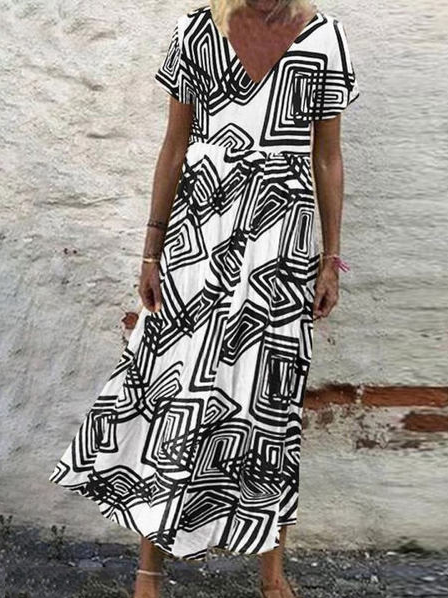 

Geometric V Neck Loosen Dresses, White, Casual Dresses