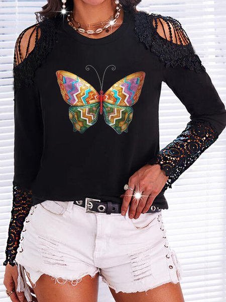 

Crew Neck Cotton Blends Hollow Out Butterfly sexy Regular Fit Shirts & Tops, Black, T-Shirts