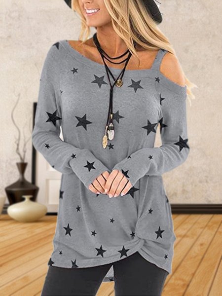 

One Shoulder Loosen Casual Shirts & Tops, Gray, Long sleeve tops