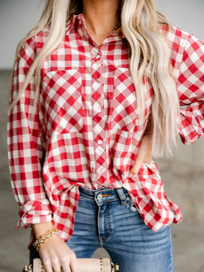 

Casual Loosen Grid Shirts & Tops, Red, Shirts & Blouses
