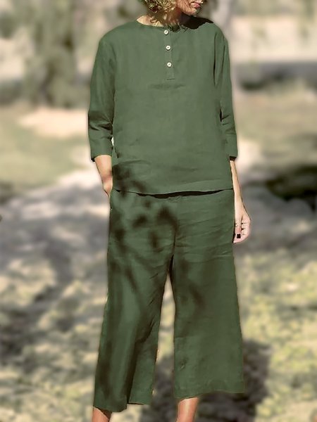 

Buttoned Pockets Cotton Crew Neck Simple Plain Solid Loosen Casual Suits, Army green, Two-piece Outfits