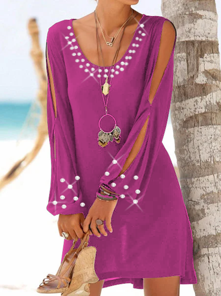

Vacation Cotton Blends Plain Long sleeve Knit Dress, Rose red, Mini Dresses