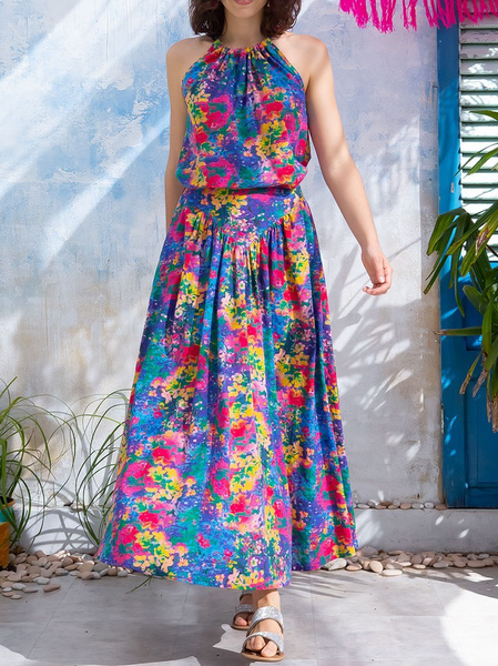 

Floral Halter Loosen Short sleeve Woven Dress, Multicolor, Maxi Dresses