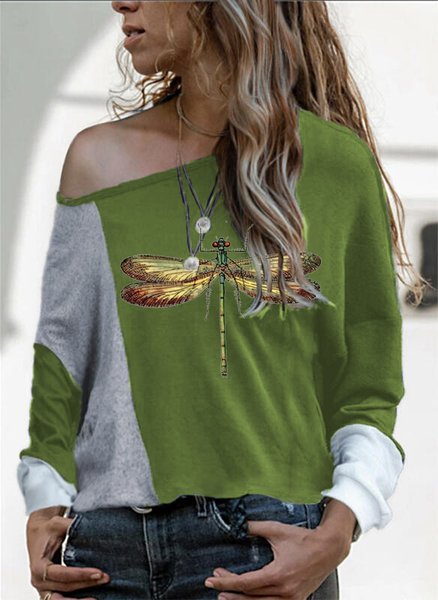 

Dragonfly Color Block Loosen Casual Animal Off Shoulder Boat Neck Shirts & Tops, Multicolor, T-Shirts