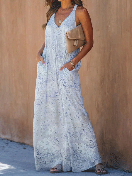 

printed sleeveless cut-out pocketed maxi dress, Gray, Maxi Dresses