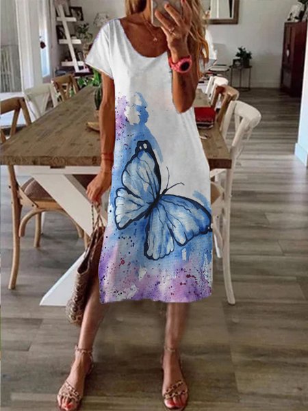 

Butterfly Casual Scoop Neckline Short sleeve Maxi Dresses, White, Midi Dresses
