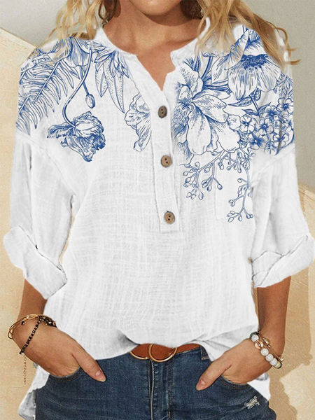 

Fashion Flower Print Stand Collar Long Sleeve Casual Blouse Henley Shirts & Tops, White, Blouses & Shirts