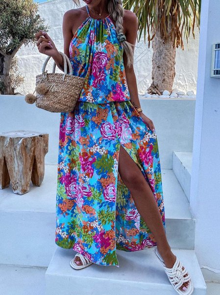 

Floral Vacation Short sleeve Woven Dress, Flower, Maxi Dresses