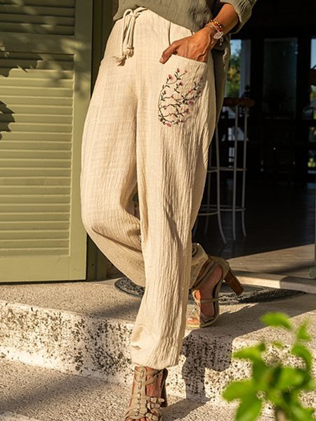 

Stretch waist linen embroidered slacks, Apricot, Pants
