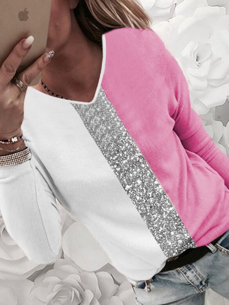 

Casual Color Block Sequins V Neck Long Sleeve Shirts & Tops, As picture, T-Shirts