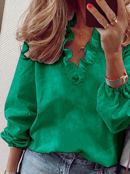 

Solid Casual Loosen V Neck Shirts & Tops, Green, Tops