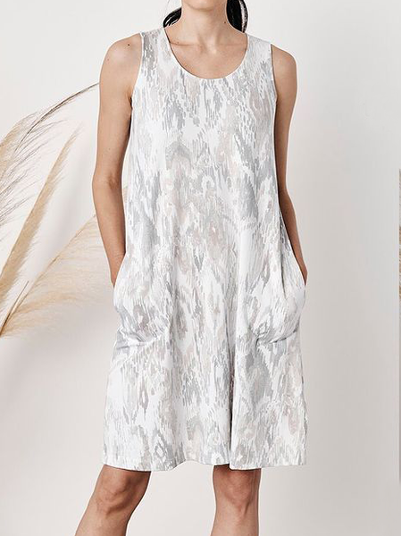 

Abstract Crew Neck Short sleeve Knit Dress, White-gray, Mini Dresses