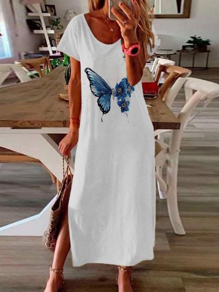

Casual Vacation Floral Butterfly Regular Fit Scoop Neckline Dresses, White, Casual Dresses