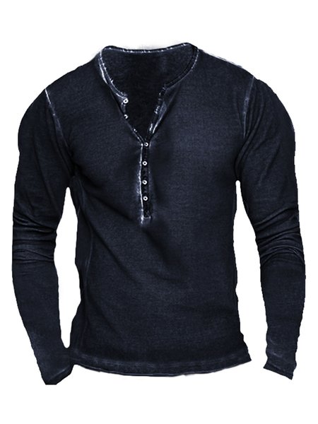 

Men's Vintage Casual Henley Collar Long Sleeve T-Shirt, Dark_blue, T-shirt