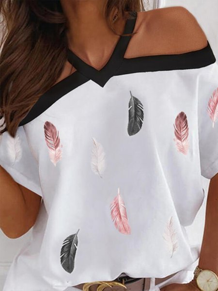 

Sexy Cotton Blends Spaghetti Short Sleeve T-shirt, White, T-Shirts