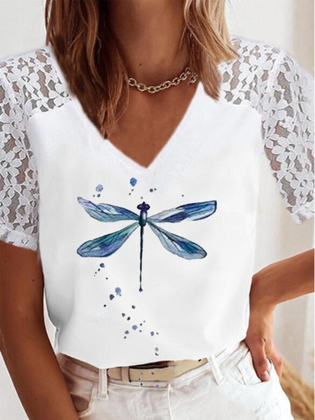 

V Neck Casual Cotton Blends Short Sleeve T-shirt, White, T-Shirts