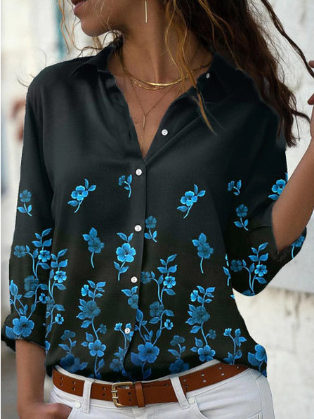 

Loosen Floral Shirt Collar Shirts & Tops, Black, Shirts & Blouses