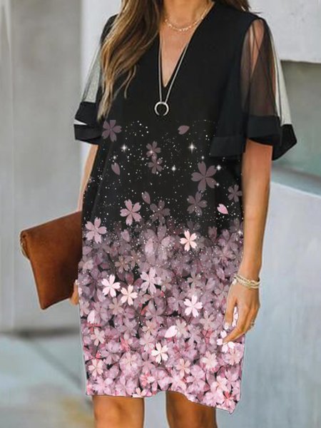 

Floral Printed Mesh V Neck Casual Half sleeve Short sleeve Woven Dress, Black, Mini Dresses