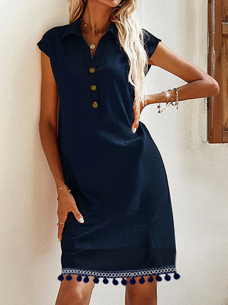 

Navy Curved-Hem Short-Sleeve Shirt Dress Casual Dresses, Deep blue, Casual Dresses