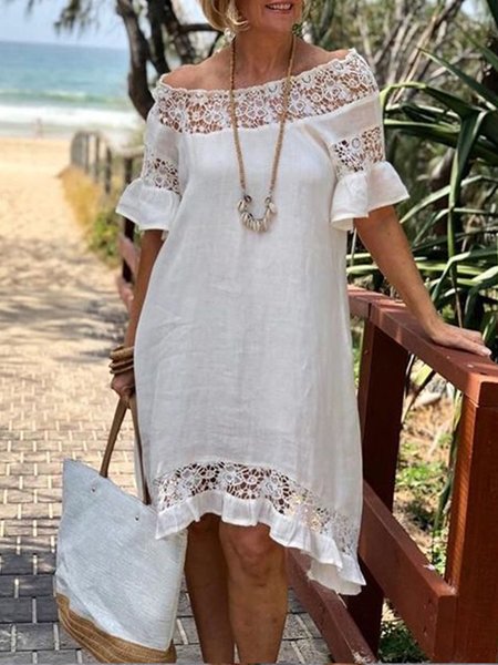 

Short Sleeve Lace Fabric Paneled A Swing Dress, White, Boho dresses
