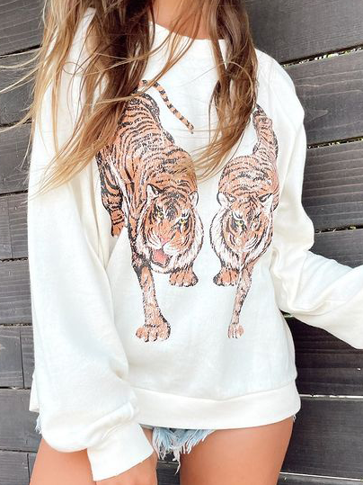 

Tiger Crew Neck Casual Sweatershirt, White, Hoodies & Sweatshirts