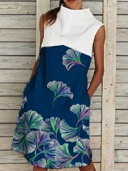 

Casual Vacation Leaves High Neck Cotton Blends Dresses, Purplish blue, Casual Dresses