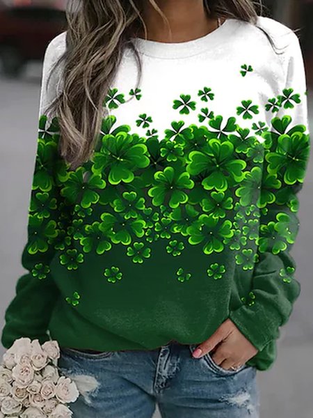 

Floral Crew Neck Casual Loosen Shirts & Tops, Green, Long sleeve tops