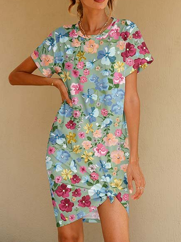 

Cotton Blends Crew Neck Floral Casual Vacation Dresses, Multicolor, Floral Dresses