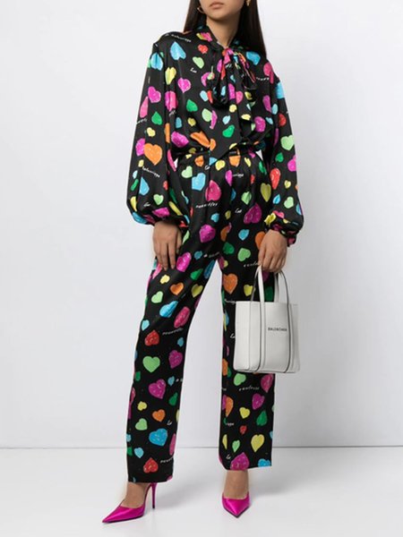

Loosen Crew Neck Heart Suits, Multicolor, Suit Set