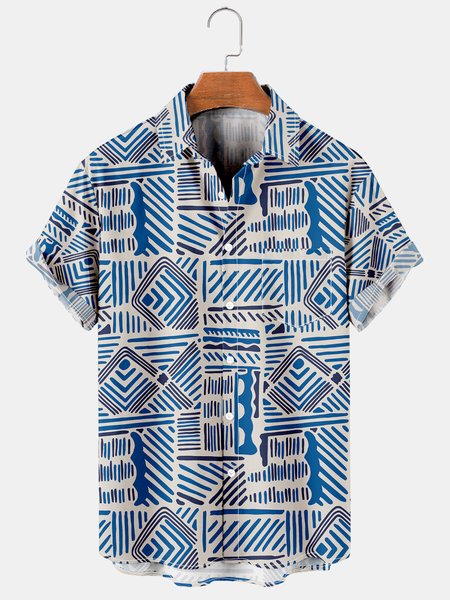 

Men's Vintage Geometric Pattern Print Short Sleeve Shirt, Blue, Men's Floral shirt