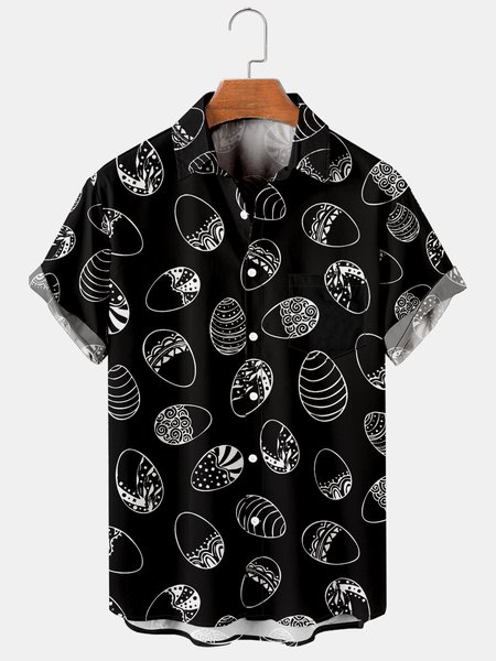 

Men's Easter Egg Casual Print Short Sleeve Shirt, Black, Men's Floral shirt