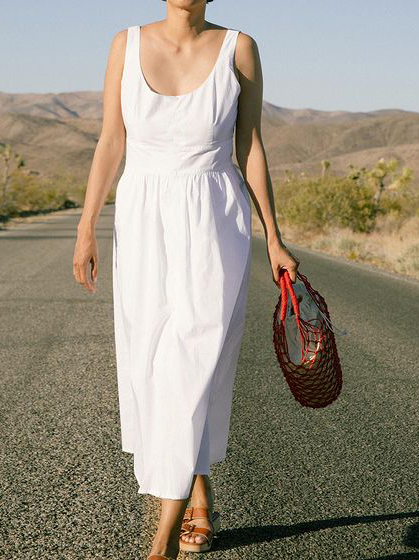 

Plain Cotton Blends Dresses, White, Maxi Dresses