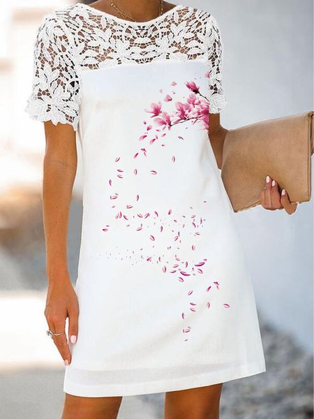 

Floral print lace stitching spring new comfortable loose dress, White, Mini Dresses