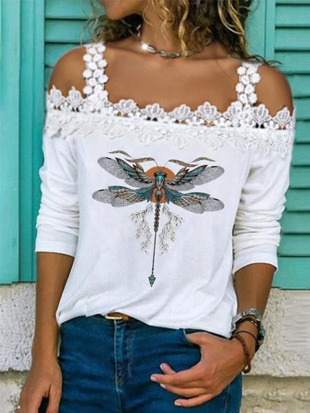 

Boat Neck Romantic Regular Fit Dragonfly Animal Shirts & Tops, White, T-Shirts